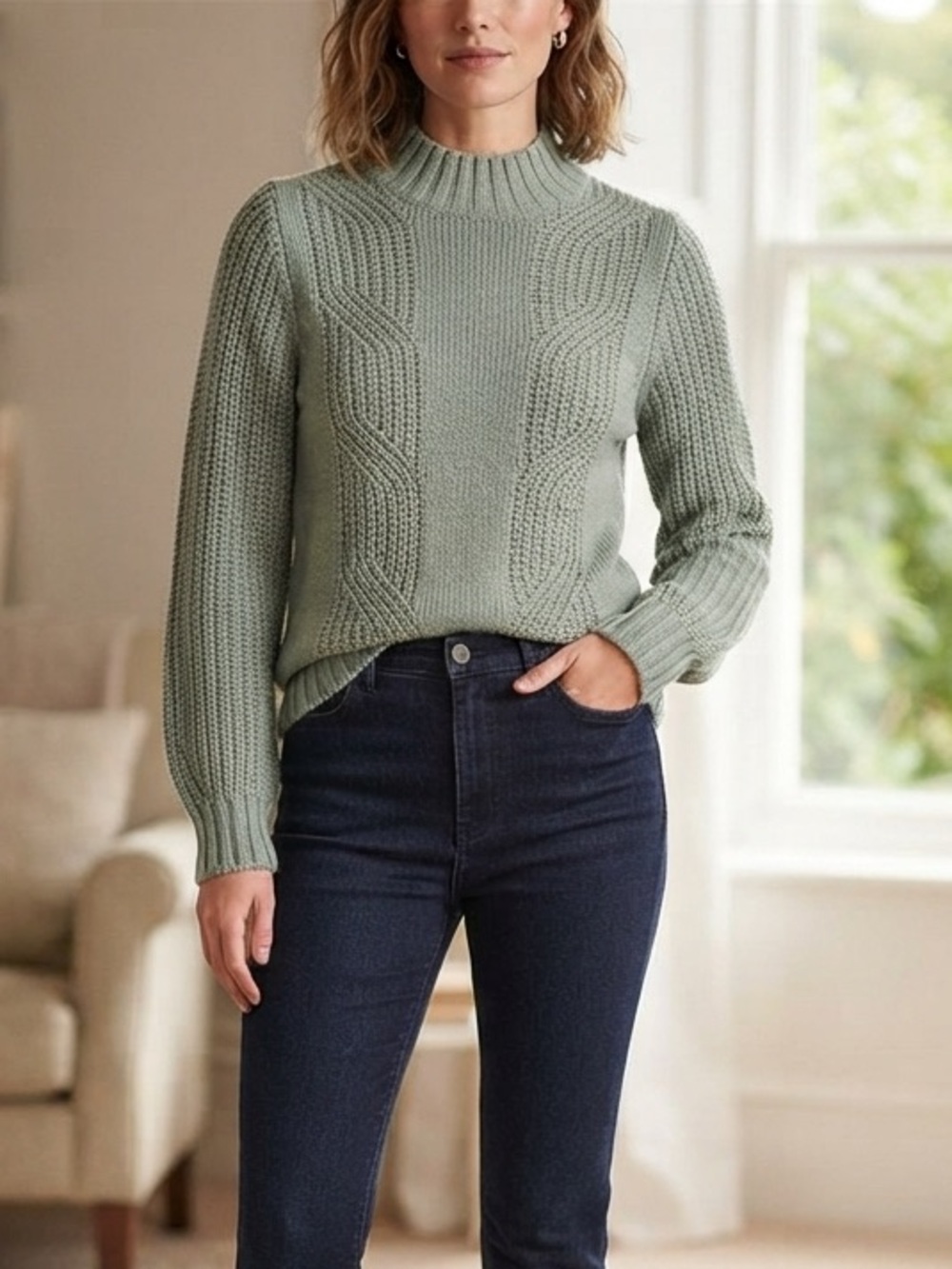 Cozy Mock Neck Cable Knit Sweater - Sage Green